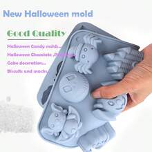 Halloween Theme Silicone Baking Molds: Includes Classic Holiday Shapes Like Pumpkin Lantern, Bat, Spider, Witch Hat, Tombstone, Haunted House, Mummy And More 3D Designs, Suitable For Making Chocolate, Candy, Pudding, Cookies Or Cake Decorations. Made Of Silicone Material, Wide Temperature Range, Easy To Demold And Dishwasher , Ideal Tool For Holiday Parties And Creative Desserts. - Baby Blue - View 7