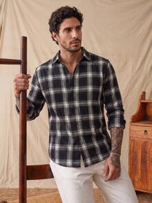 glestore Men's Retro-Style Casual Black-And-White Checkered Long-Sleeve Shirt-Perfect For All Seasons, Casual And Stylish - Black and White - View 4
