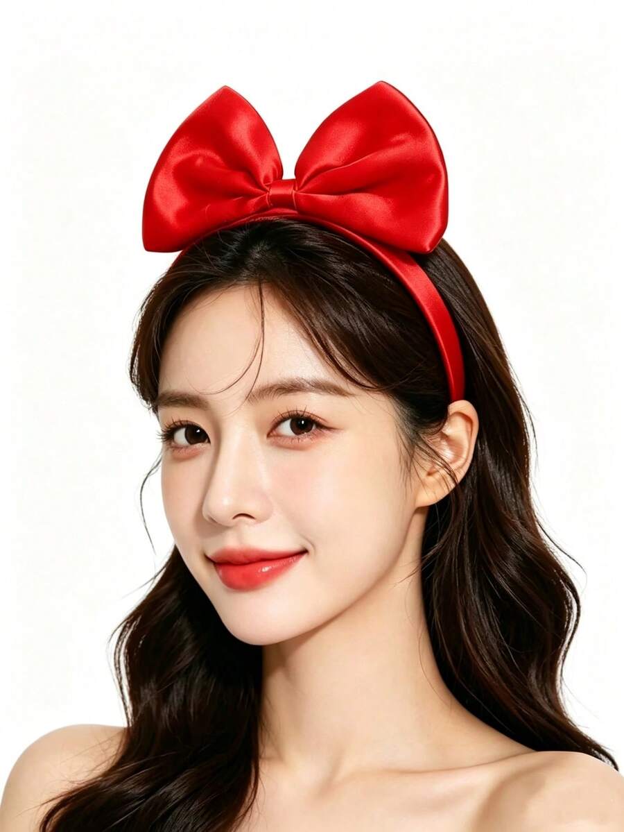 1pc Bright Red Satin Large Bow Headband, Sweet Princess Style Hair Accessory, Suitable For Birthday Party, Cosplay Costume - Multicolor - View 1