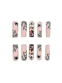 24pcs Halloween Long Coffin Press On Nails, Nude Beige Glossy Fake Nails With Spider & Pumpkin Face Print, Accented With Tiny 3D Rhinestones,Reusable Manicure Nail Kit,Suitable For Girls And Women Daily Wear, Holiday Party And Gift - Multicolor - View 4