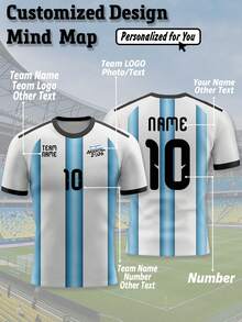 1pc Customized Argentina Theme Football T-Shirt: White & Blue Color Scheme, Customization Service - Add Your Name, Favorite Number And Unique Design Elements. Perfect Gift. - Blue and White - View 1