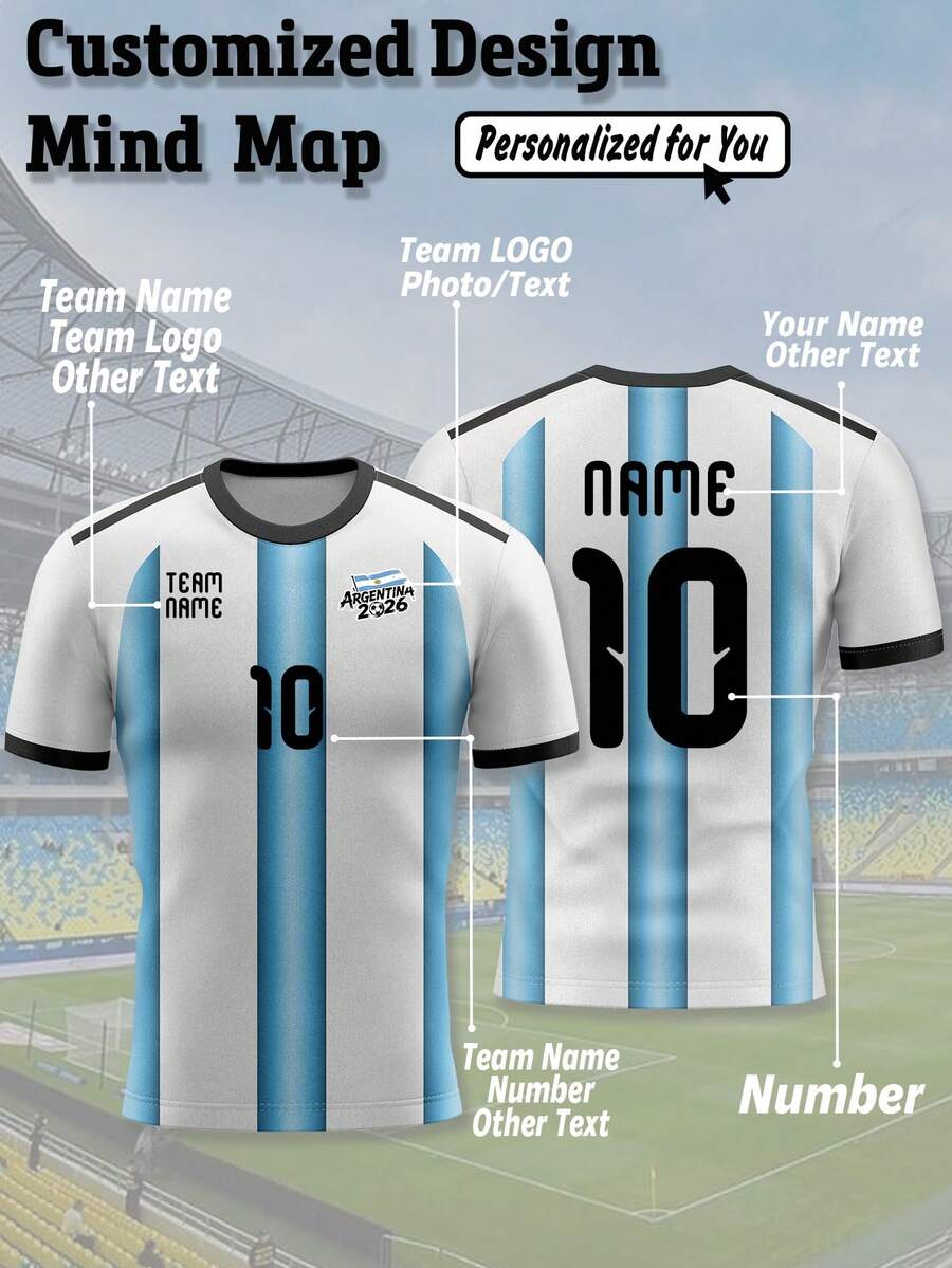 1pc Customized Argentina Theme Football T-Shirt: White & Blue Color Scheme, Customization Service - Add Your Name, Favorite Number And Unique Design Elements. Perfect Gift. - Blue and White - View 1