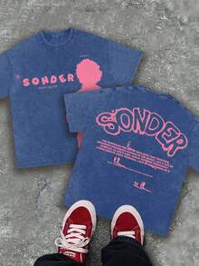 (230g Pure Cotton) Men's Retro Pink Text "SONDER" Figure Thinking Pattern Printed T-Shirt, Retro Style, Breathable Fabric,  Y2K Style - 寶藍色 - 查看 1