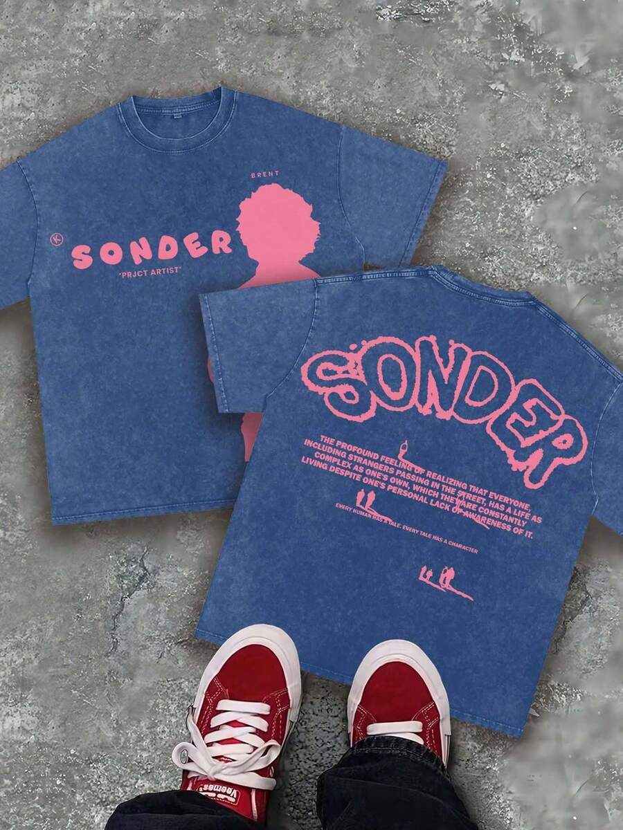 (230g Pure Cotton) Men's Retro Pink Text "SONDER" Figure Thinking Pattern Printed T-Shirt, Retro Style, Breathable Fabric, Y2K Style - 寶藍色 - 查看 1