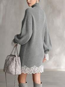 Gaun Rajut Patchwork Renda Leher Tinggi Wanita, Gaun Rajut Pendek Slim Fit untuk Musim Gugur/Dingin, Cocok untuk Kencan dan Belanja - Light Grey - View 6
