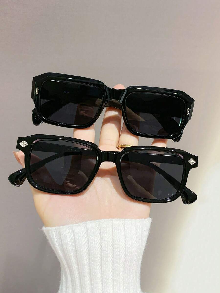 2PCS Vintage Rectangular Small Frame Black Fashion Sunglasses For Men And Women, Plastic Classic Style, Outdoor Travel Beach Vacation Casual Decorative Daily Wear, Summer Sun Protection Shading - Black - View 1