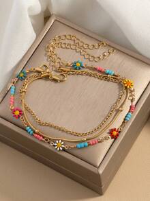 2pcs/Set Daisy Colorful Flower Elegant Minimalist High-End Ankle Bracelet Set For Beach Wear - Multicolor - View 4