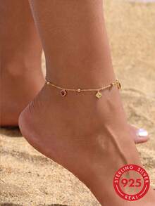 1pc S925 Sterling Silver Fresh Dopamine Cute Geometric Water Drop Square Pendant Anklet For Women, Luxury Fashion French Lazy Style Party Versatile Niche Exquisite Tassel Foot Chain - Geometry - View 6