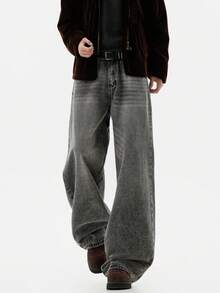 Hearty Haven 1 potong Celana Jeans Denim Pria Model Longgar Gaya Vintage Retro Washed Wide Leg Serbaguna (Tanpa Sabuk dan Aksesoris) - Grey - View 10