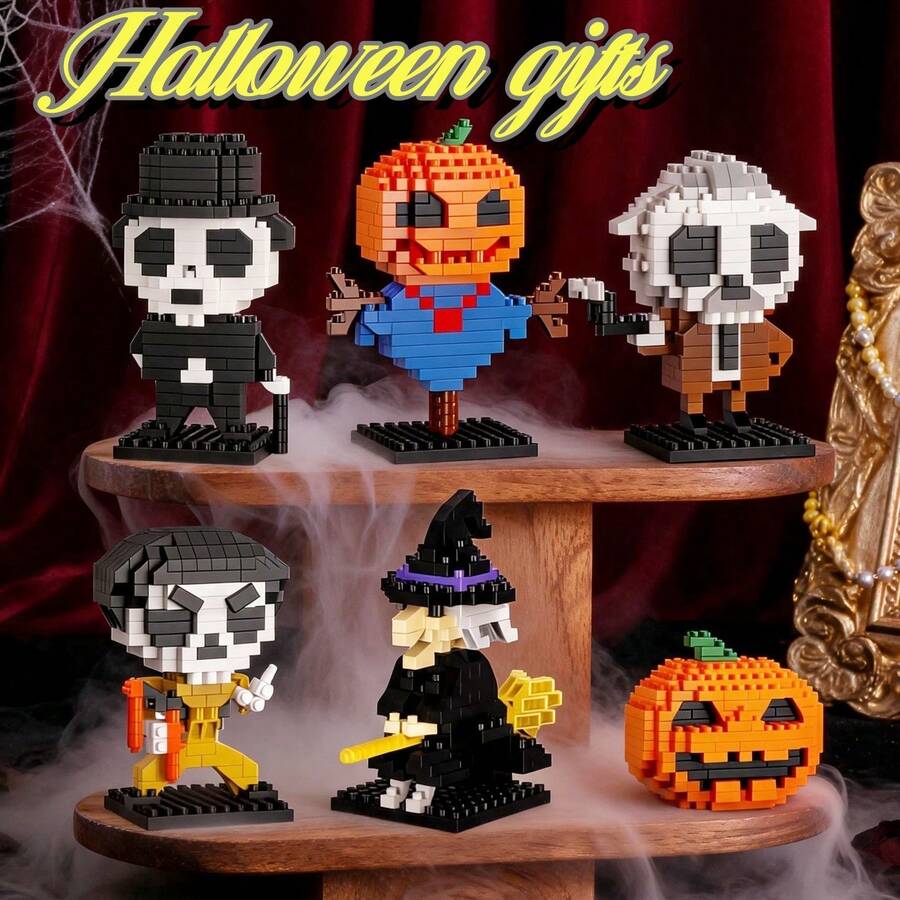 Creative Micro-Particle Mini Halloween Theme Toy Building Blocks Series, ABS Material, Children's Building Block Toy Set, Soft Building Mat. Gift For Kids/Guests. Includes 6pcs Value Pack. DIY Educational Puzzle Assembly Handmade Toy, Halloween Gift. - Multicolor - View 1