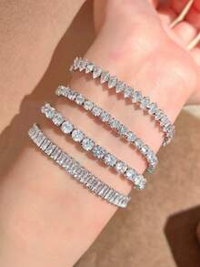 1pc/4pcs Minimalist European & American Hip Hop Premium Zirconia Tennis Bracelet, Stackable, Suitable For Women's Party And Daily Wear - Silver - View 2