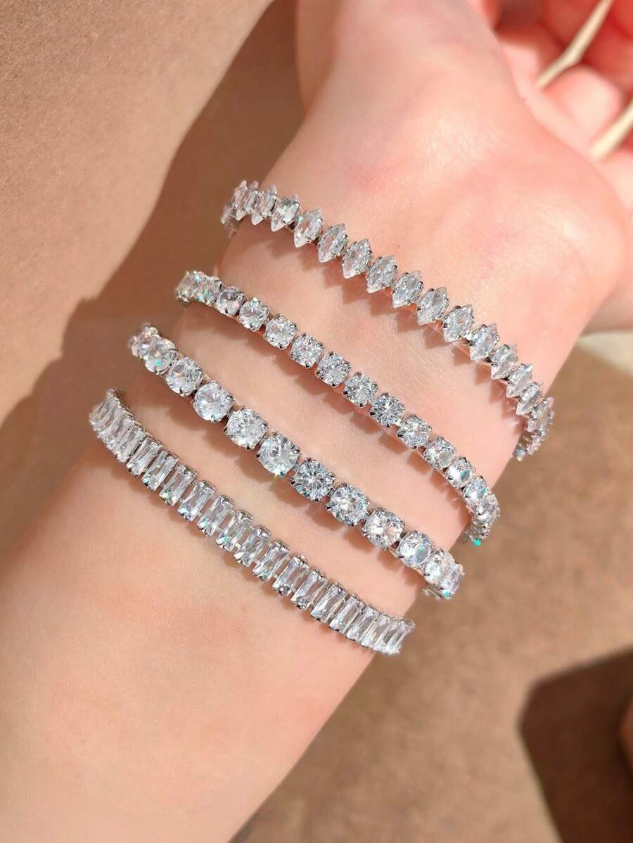 1pc/4pcs Minimalist European & American Hip Hop Premium Zirconia Tennis Bracelet, Stackable, Suitable For Women's Party And Daily Wear