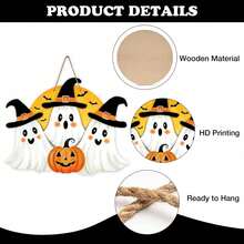 1 pieza Letrero de puerta delantera de fantasma espeluznante de Halloween, colgante de madera con linterna, calabaza y luna para decoración exterior del porche del hogar, corona de madera con murciélagos divertidos para decoración de pared interior - multicolor - Ver 6