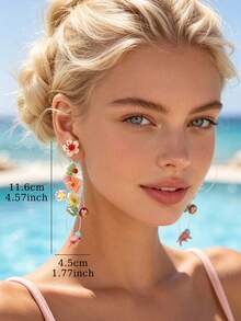 1 par de pendientes elegantes y dulces con borlas florales de colores, adecuados para vacaciones y viajes de mujeres - vistoso - Ver 5