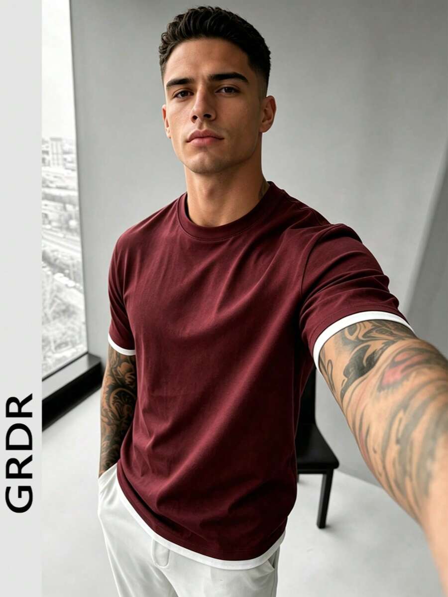 GRDR 男士夏季經典 2 合 1 圓領短袖 T 恤,時尚極簡通勤百搭款 - 酒紅色 - 查看 1