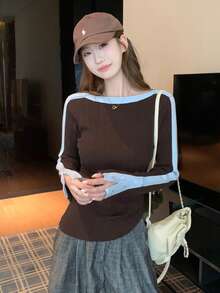 Contrast Color Ribbed Off-Shoulder Split Sleeve Slim Fit Knit Top - Coffee Brown - View 2