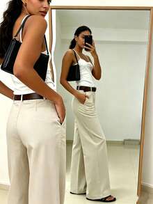 Celana Kasual Wanita Elegan Berpinggang Tinggi dan Longgar - Celana Slimming Gaya Blogger - Celana Lurus Serbaguna untuk Perjalanan Sepanjang Musim - Aprikot - View 4