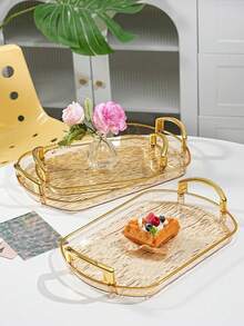 1PC-Gold Thickened Transparent PET Rectangular Dining Tray, Thickened PET Rectangular Tea Cup Coffee Cup Water Cup Dining Double Handle Transparent Glacier Pattern Tray, Durable - Perfect For Home Living Room Decor, Weddings And Parties - Transparent Gold - View 3