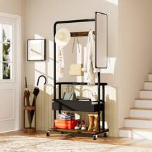 Robust Clothes Stand With Wheels - 3-In-1 Design With Basket And Mirror - 黑色和棕色 - 查看 4