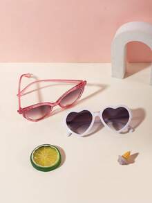 1 Set 2pcs Unisex Kids 3-8 Years Old, Mixed Color Glitter Cat Eye & Solid Color Heart Shape, Plastic Material, Dual-Tone Gradient Lens Glasses, Spring Travel Party Style - Multicolor - View 4