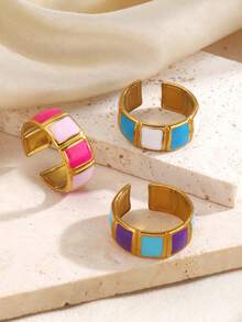 1pc Stainless Steel 18K Gold Plated Colorful Oil Drop Geometric Open Ring, Suitable For Women's Daily Wear And Shopping - Multicolor - View 3