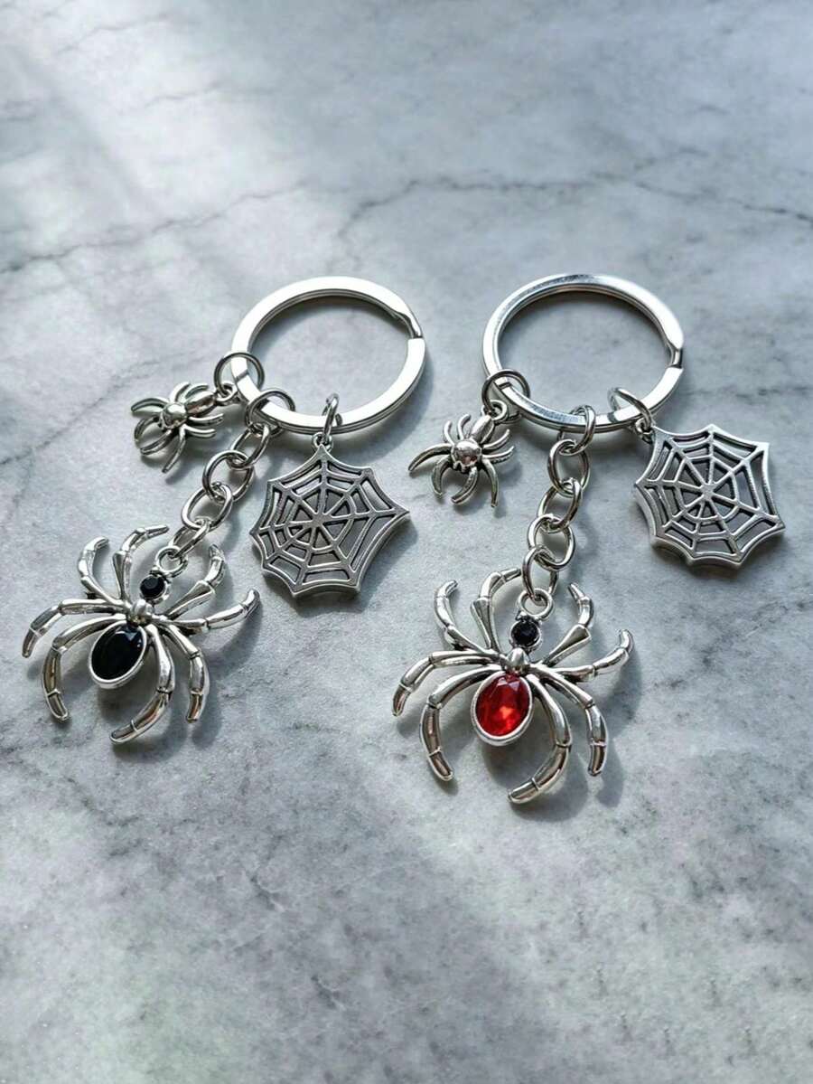 1pcRetro Dark Style Spider Keychain - Gothic Punk Beaded Spider Pendant Metal Keyring Gift - Halloween Gift - Multicolor - View 1