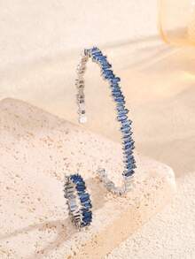 rakol 2pcs Fashionable Cubic Zirconia Asymmetrical Decor Ring & Bracelet Set, Blue - Royal Blue - View 4