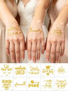 10 pièces Autocollants de tatouage temporaire doré métallique, tatouages de bras brillants et imperméables pour enterrement de vie de jeune fille, douche nuptiale, cadeaux de demoiselle d'honneur de mariage, accessoires de vacances, cadeaux de décoration artisanale, ensemble de fête - Doré - Voir 7