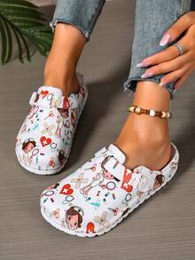 pueenb Zuecos de moda para mujer con estampado de dibujos animados, zapatos de trabajo estilo madera para todas las estaciones, zapatos planos ligeros perforados, suela blanda y cómoda, hebilla ajustable, punta cerrada, adecuados para playa, jardín y uso en otoño - Multicolor - Ver 4