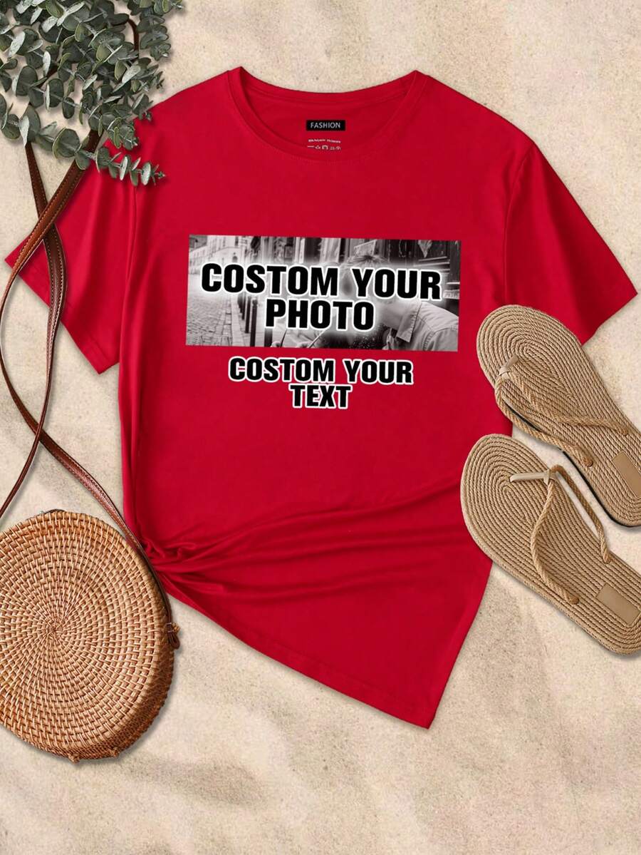 DIY Women's Personalized T-Shirt, High-Resolution Photo: Lover/Friend/Family/Pet, Slogan, Name, Funny Letters, Valentine's Day, Anniversary Sports - Red - View 1