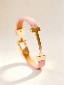 1pc Fashion Exquisite Gold Letter PU Personalized Elegant Women's Bracelet Bangle, Gift For Girlfriend Jewelry - Pink - View 7