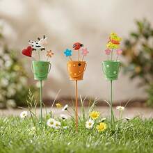 3pcs 27cm Height Acrylic Cartoon Animal Garden Stakes Cute Butterfly Ladybug Cow Flower Bucket Outdoor Garden Decor - Animal - View 1