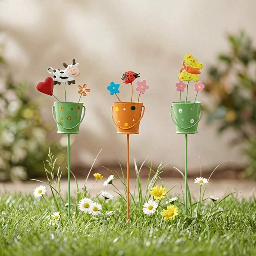 3pcs 27cm Height Acrylic Cartoon Animal Garden Stakes Cute Butterfly Ladybug Cow Flower Bucket Outdoor Garden Decor - Animal - View 1