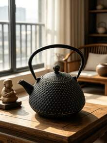 1pc Handmade Textured Cast Iron Teapot, Japanese Style Textured Cast Iron Teapot, Suitable For Outdoor Tea Mats And Indoor Tea Rooms. - Black - View 12