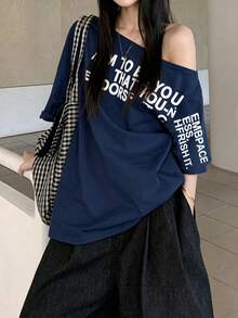 Summer Off Shoulder Top, Loose Mustard Yellow Asymmetrical Shoulder Letter Print Short Sleeve T-Shirt Casual - Navy Blue - View 2
