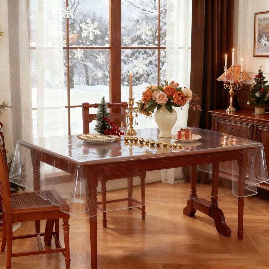1Pc Clear Flat PVC Table Cover, Transparent Vinyl Rectangular Tablecloth, Oil Resistant Wipeable Table Protector For Daily Dinner, Banquet Party Holiday Decor - Style 2 (Hemmed) - View 1