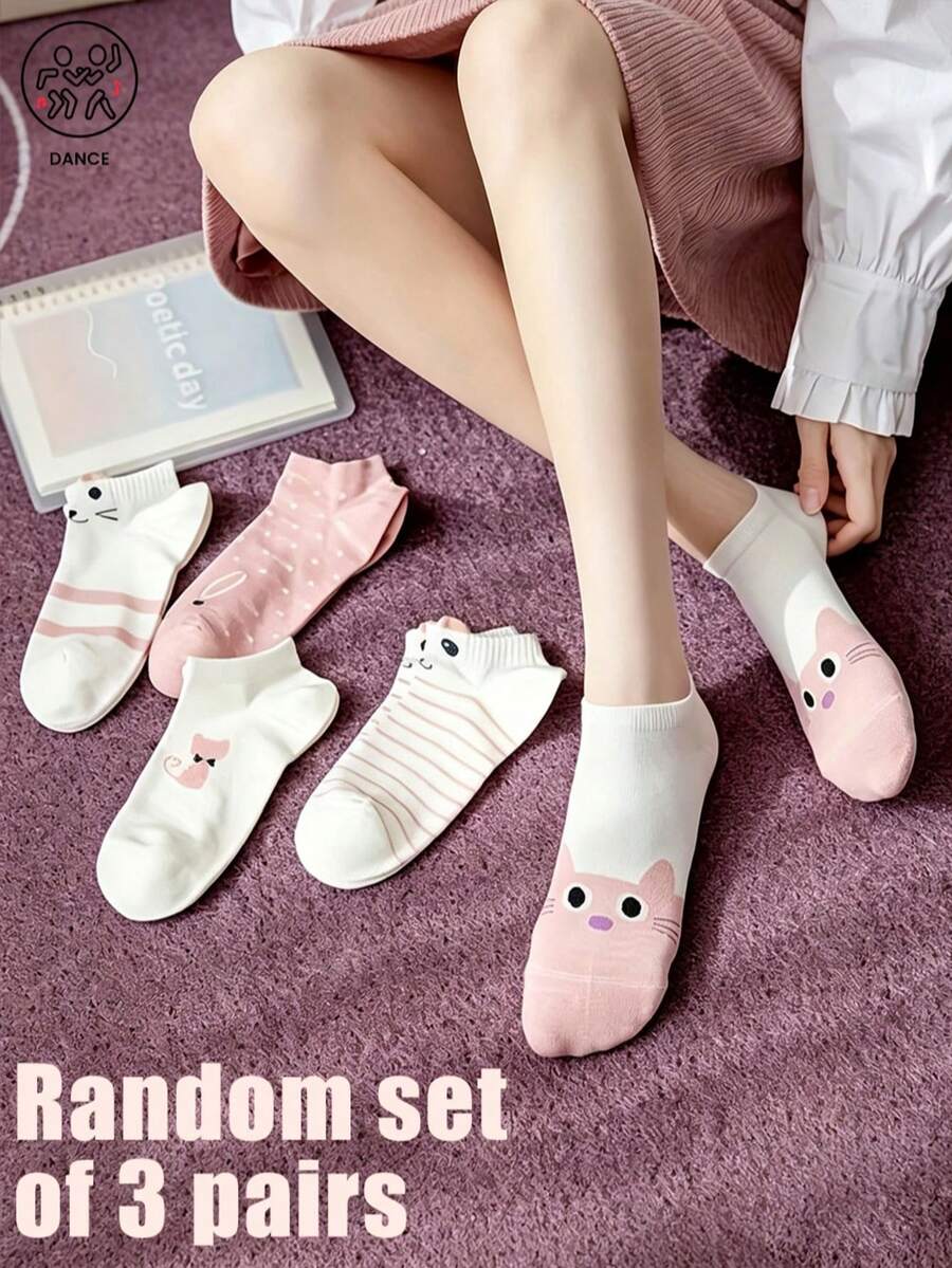 3 Pairs Random Assortment Japanese Sweet Style Striped Polka Dot Cartoon Cat & Rabbit Short Socks, 3D Ear Design, Breathable Comfortable Cotton Socks For Commuting And Casual Wear - Multicolor - View 1