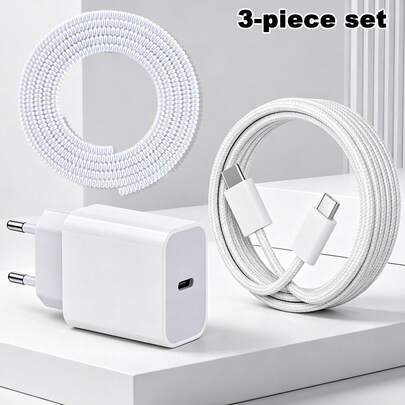 3 Stücke/1 Set EU-Standard Ladegerät Set, USB-C Schnittstellenadapter + 1m Typ-C Ladekabel + Kabelschutz, PD20W Schnellladegerät Set kompatibel mit iPhone 17/16/15 Serie, kompatibel mit Samsung Telefonen und anderen Typ-C Schnittstellen Telefonen und Geräten, geeignet für Reisen/Büro/Heimgebrauch, 3 Stücke/1 Set/1 Stück