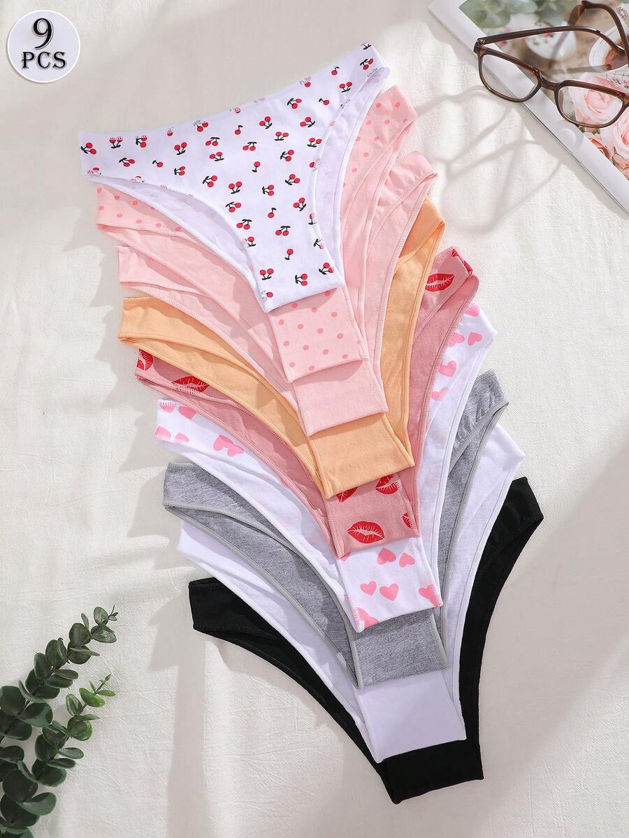 FINETOO 9pcs Women's Solid & Printed Cute Casual Triangle Panties, Fashionable Sports Lingerie, Suitable For Daily Wear - Multicolor - View 1