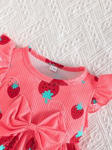 2 piezas/Set Bebé Cuello Redondo Manga Volante Estampado de Mariposa & unicolor Punto Acanalado Minimalista Lindo Primavera/Verano - Rosado Sandía - Ver 7