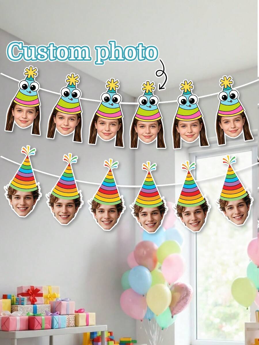 10/20/30PCS Custom Photo Rainbow Striped Party Hat Birthday Garland, Personalized Two Style Funny Party Hat Banner, Photograph Backdrop,Funny Rainbow Theme Birthday Party Decor,Keepsake Gift - Multicolor - View 1