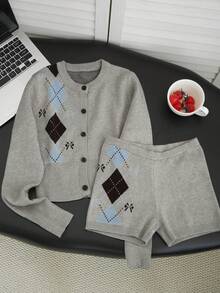 2026 Autumn/Winter New Sexy Diamond Jacquard Knit Cardigan + Shorts 2 Pieces Set, Youthful Slimming Refreshing Autumn Outfit - Grey - View 8