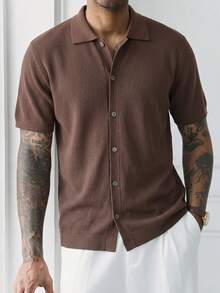 Camiseta de manga corta con cuello de cárdigan de moda casual de verano para hombres, adecuada para ocasiones de negocios y uso diario - Marrón - Ver 4