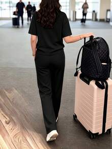 女款休閒兩件套，圓領T恤搭配微彈性長褲，舒適居家服套裝，附口袋，黑色優雅夏季款 - 黑色 - 查看 5