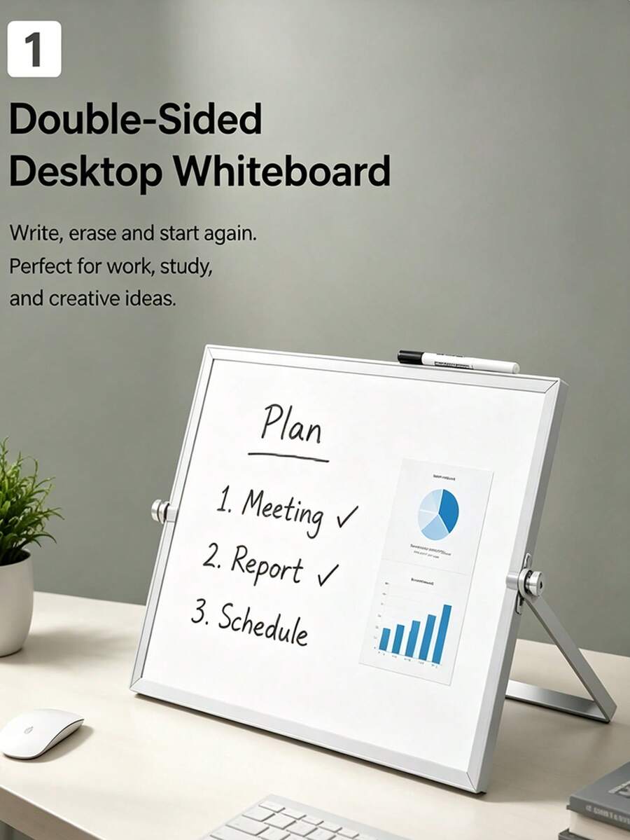 12pcs Aluminum Alloy Frame Desktop Whiteboard Set (Includes 4 Whiteboard Markers + 6 Magnetic Clips + 1 Eraser, Whiteboard Marker Colors Random) - Double-Sided Memo Board With Stand, Suitable For Office, Home And School Portable Use. - Desktop Whiteboard Set - View 1