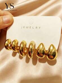 6pcs/Set Fashionable Metallic Geometric C-Shaped Hoop Earrings Jewelry Set For Women Daily Wear - Gold - View 1