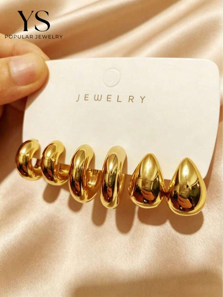 6pcs/Set Fashionable Metallic Geometric C-Shaped Hoop Earrings Jewelry Set For Women Daily Wear - Gold - View 1