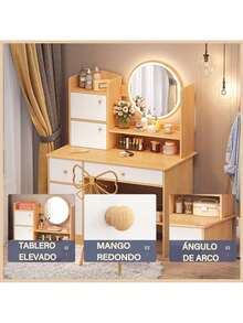 Vanity Desk With Mirror, LED Lights Makeup Dressing Table With 2 Drawers, 3 Shelves, And 3 Storage Lockers, Dressing Table For Bedroom, Dressing Room (White, Pink, Brown) - 棕色 - 查看 4