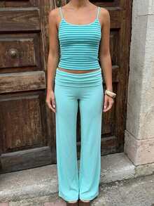 Women Y2K Two Piece Fold Over Waist Flare Pants Set Low Rise Bootcut Leggings And Tank Top Outfit Set Summer Going Out Matching Set - Emerald Green - View 1