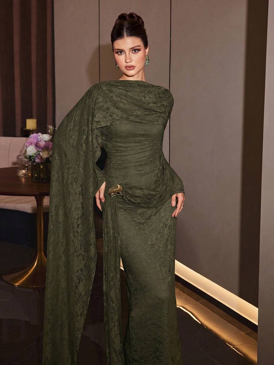 優雅迷人女款軍綠色蕾絲長款正式禮服，抓皺胸部設計，長袖圓領，編織面料，適合婚禮派對秋季 - 軍綠色 - 查看 1